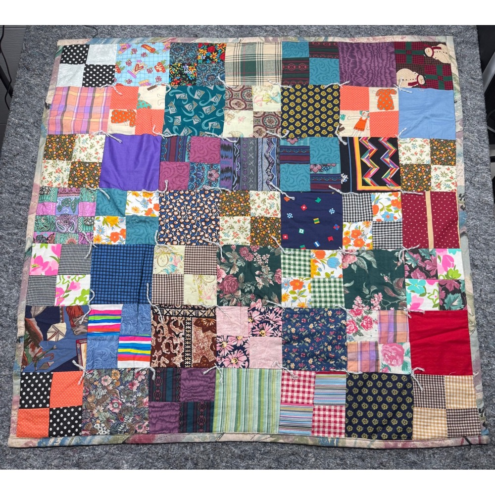 Vintage Handmade Patchwork Quilt Hand Tied Multi Color Scrappy Lap Blanket 41x44